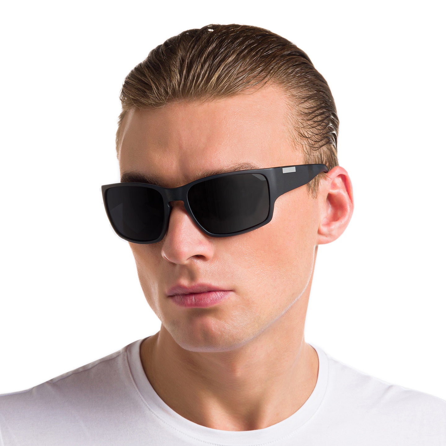EYE'M Rectangle Sunglasses in Black – Model Photo 4
