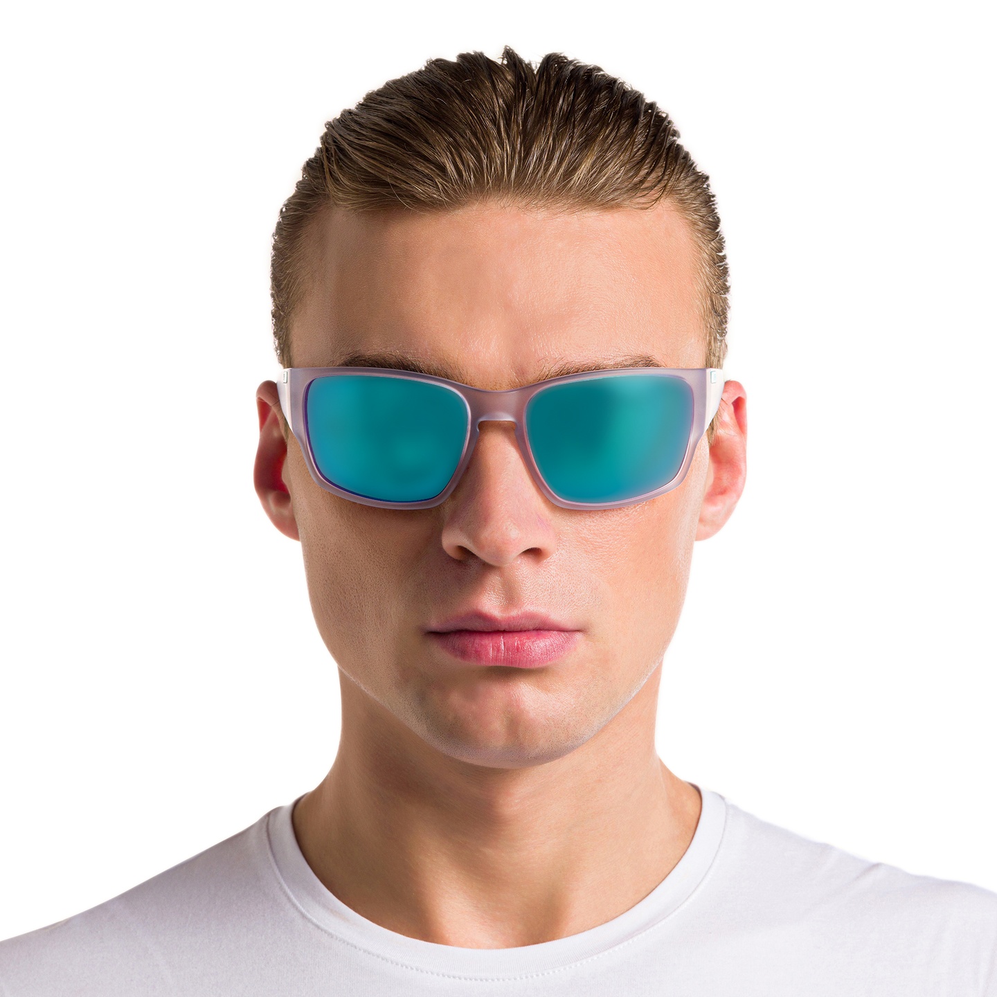 EYE'M Rectangle Sunglasses in Clear – Model Photo 4