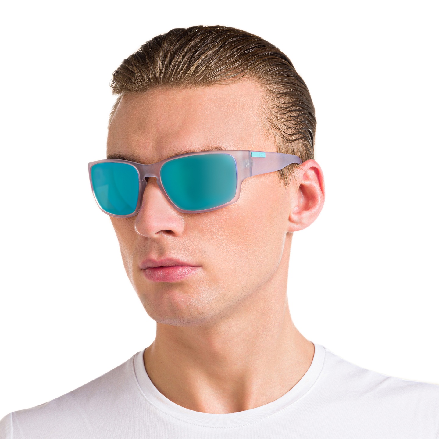 EYE'M Rectangle Sunglasses in Clear – Model Photo 5
