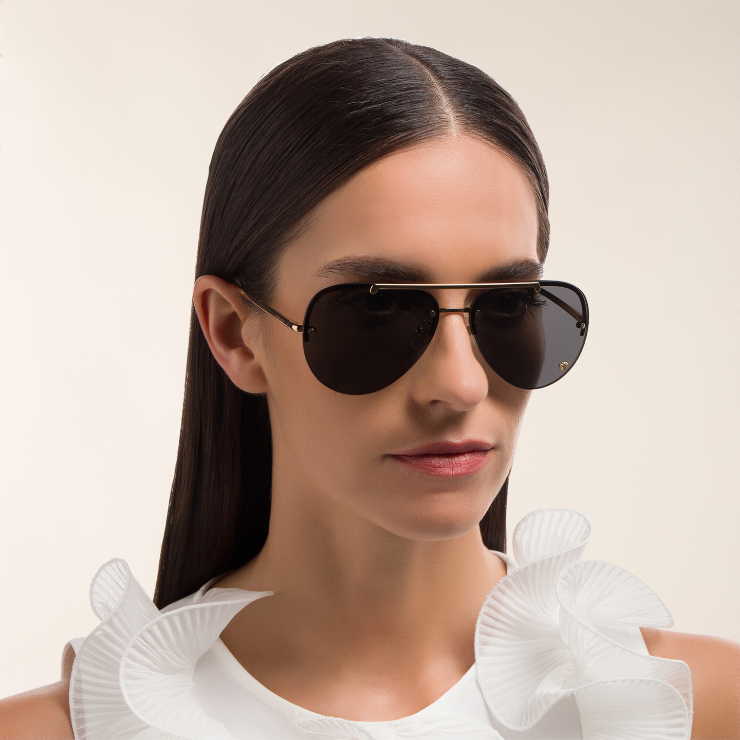 Shop VERSACE Medusa Half-Rim Pilot Sunglasses in Gold online.