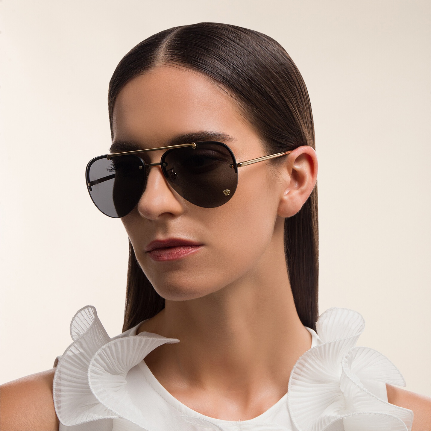 Shop VERSACE Medusa Half-Rim Pilot Sunglasses in Gold online.