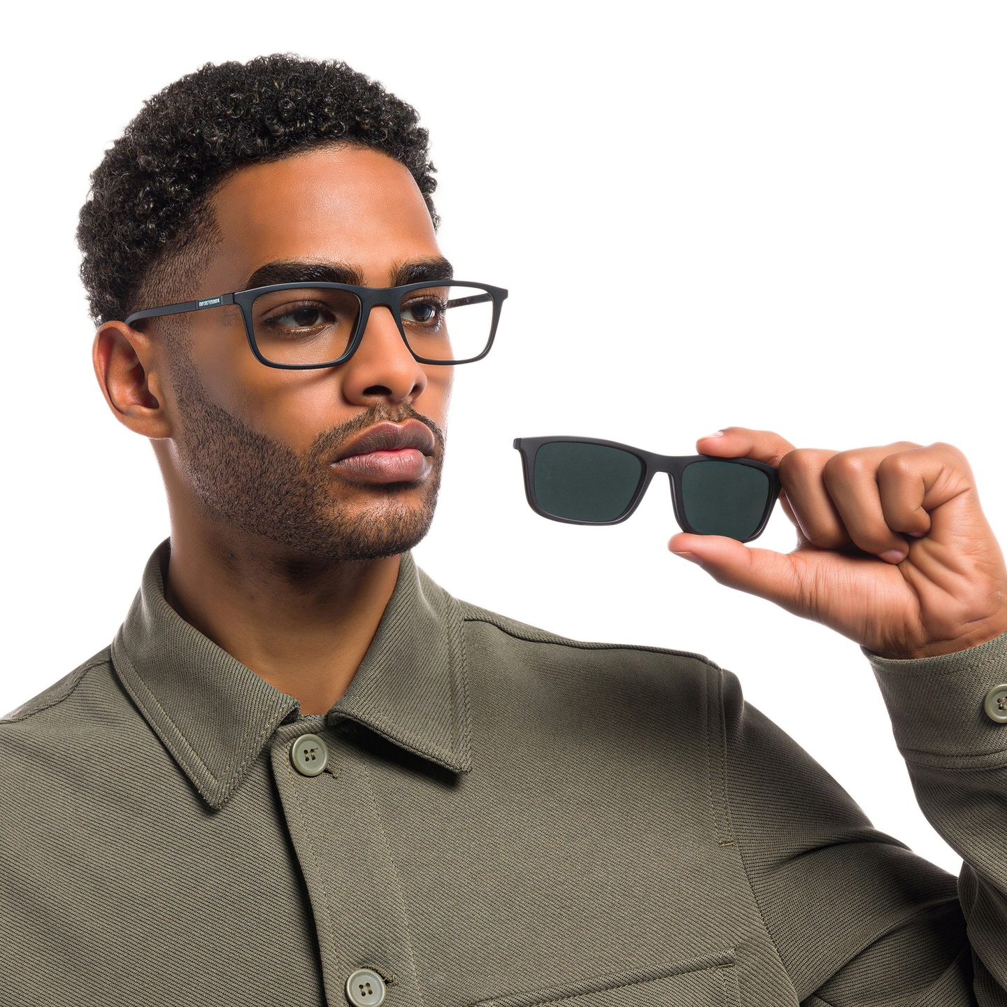 Emporio Armani Rectangle Eyeglasses in Matte Black – Model Photo 7