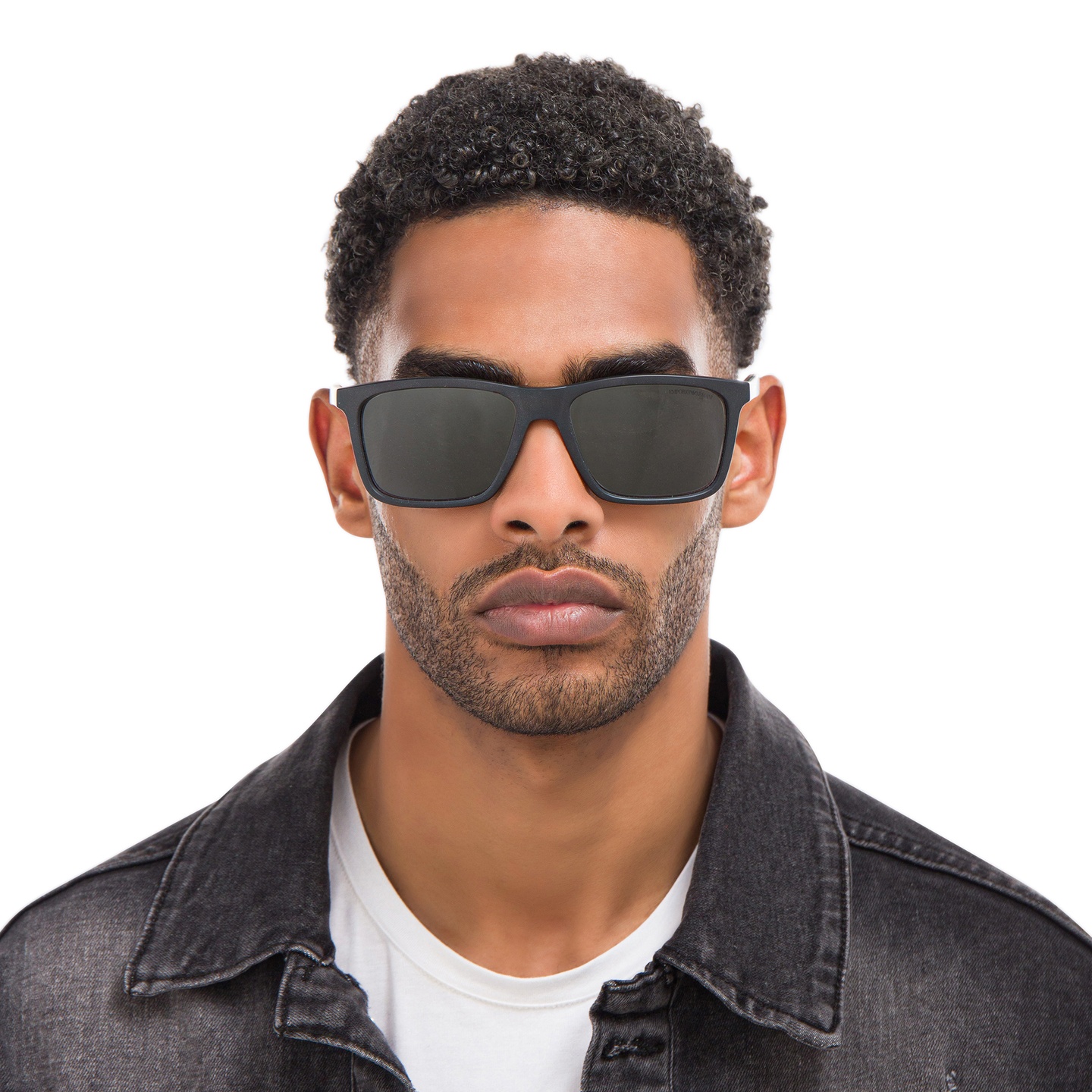 Shop Emporio Armani Rectangle Sunglasses in Matte Black online.
