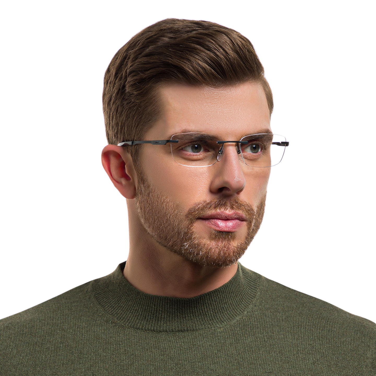 EYE'M Rimless Wide Rectangle Eyeglasses in Black – Model Photo 1