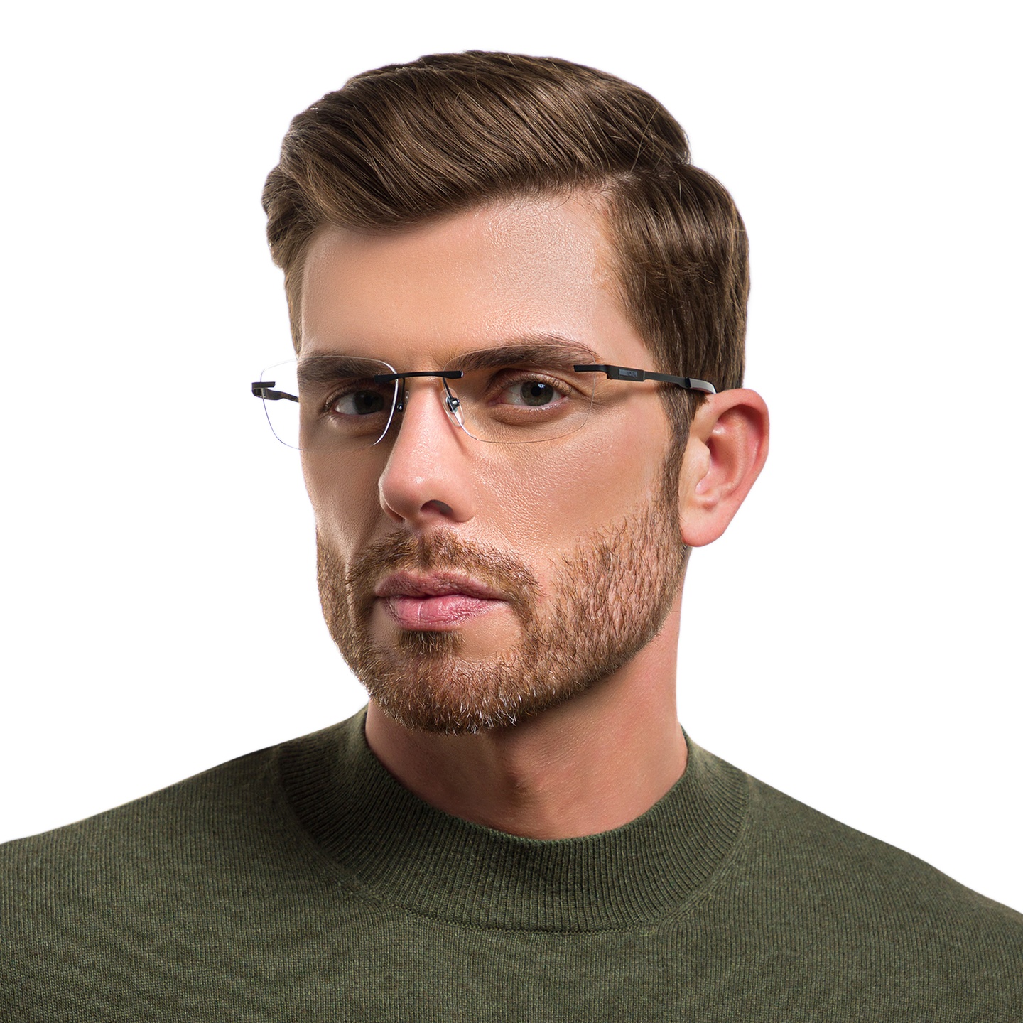 EYE'M Rimless Wide Rectangle Eyeglasses in Black – Model Photo 4