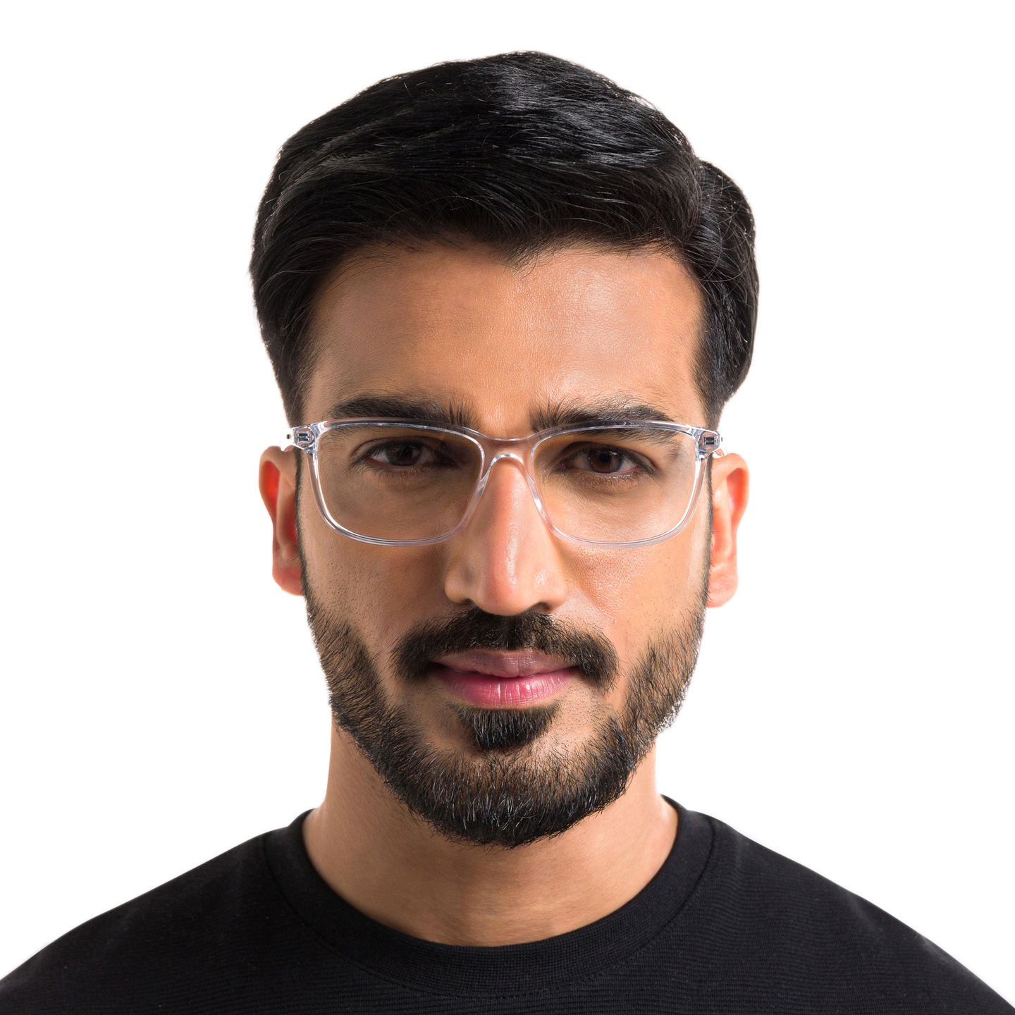 EYE'M Wide Rectangle Eyeglasses in Clear – Model Photo 4