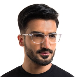 EYE'M Wide Rectangle Eyeglasses in Clear – Model Photo 6