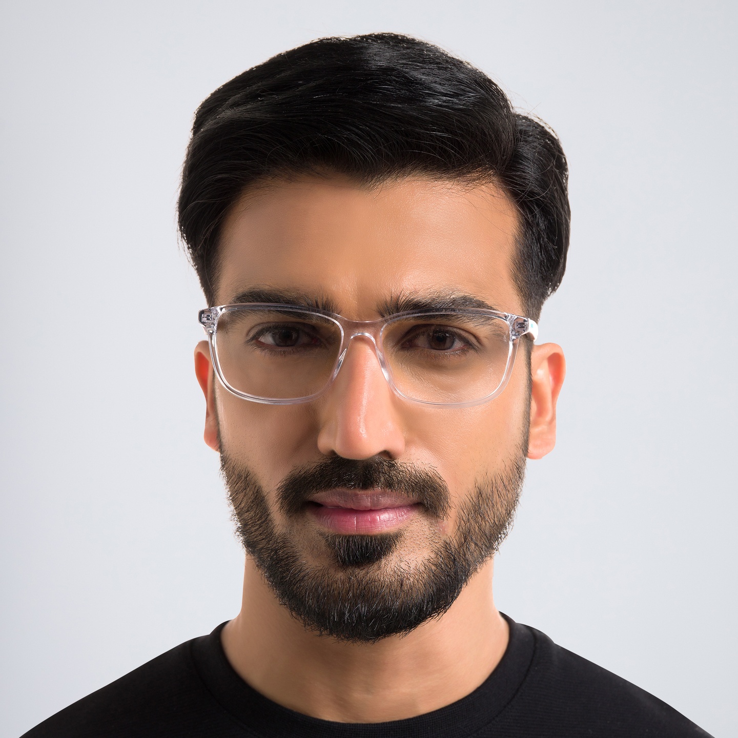 EYE'M Wide Rectangle Eyeglasses in Transparent – Model Photo 1