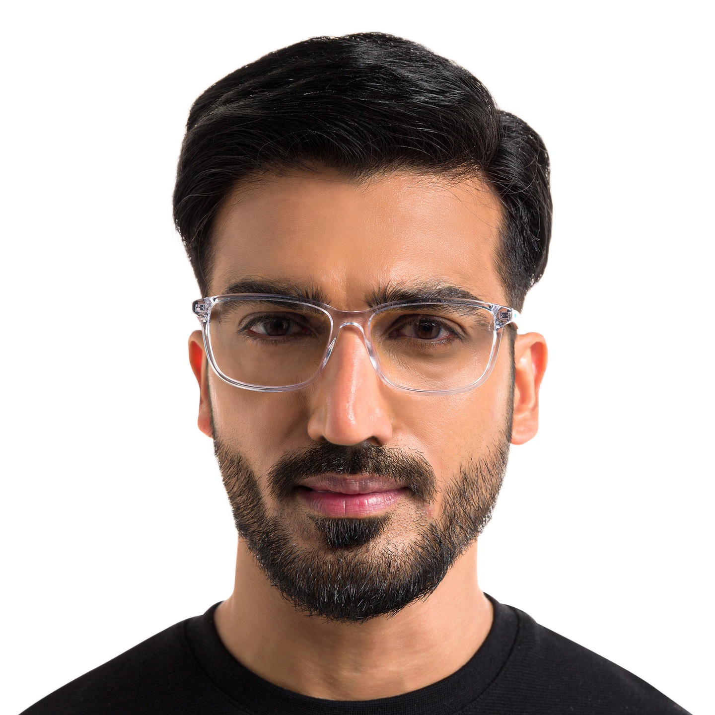 EYE'M Wide Rectangle Eyeglasses in Transparent – Model Photo 4