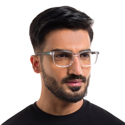 EYE'M Wide Rectangle Eyeglasses in Transparent – Model Photo 6