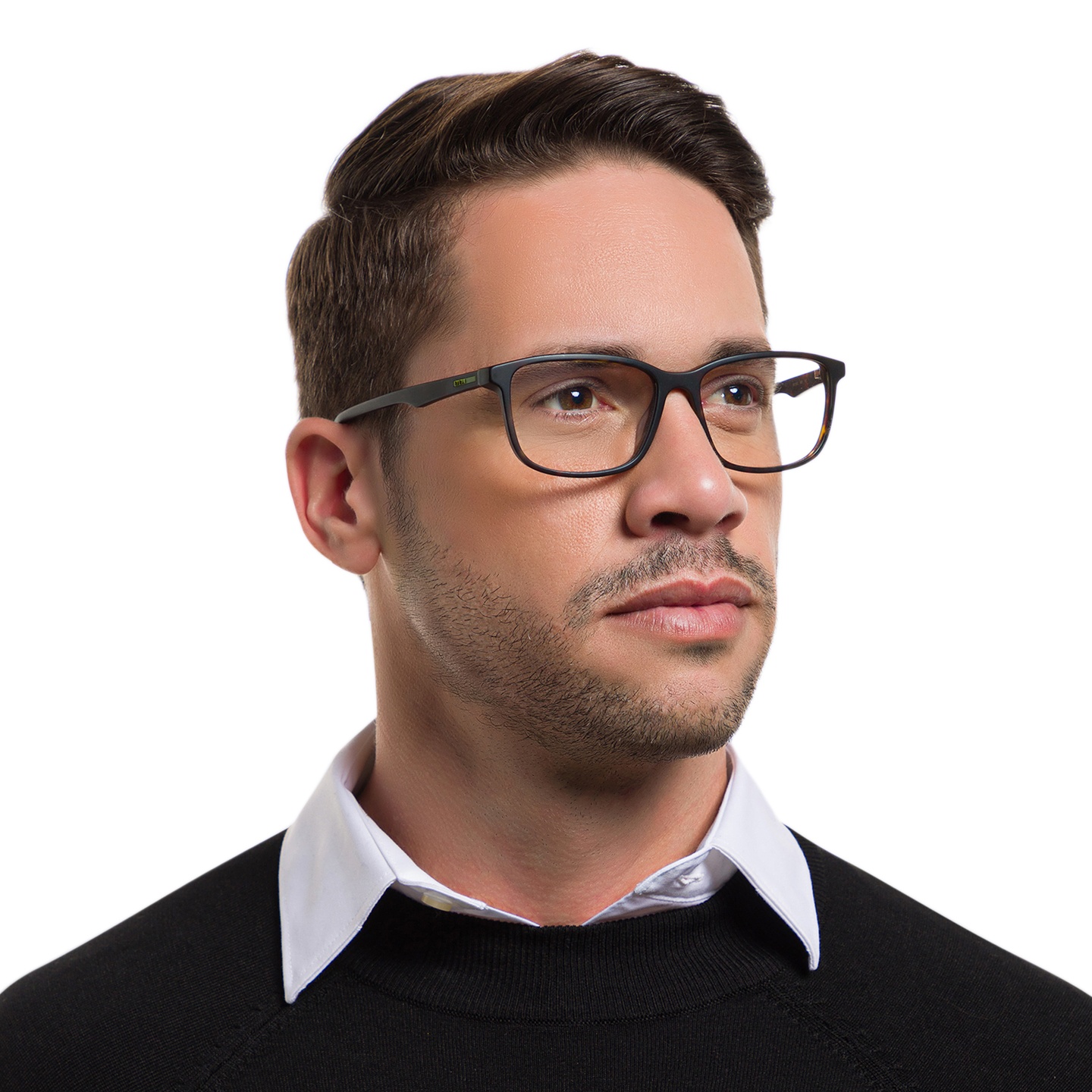 EYE'M Wide Rectangle Eyeglasses in Havana – Model Photo 4