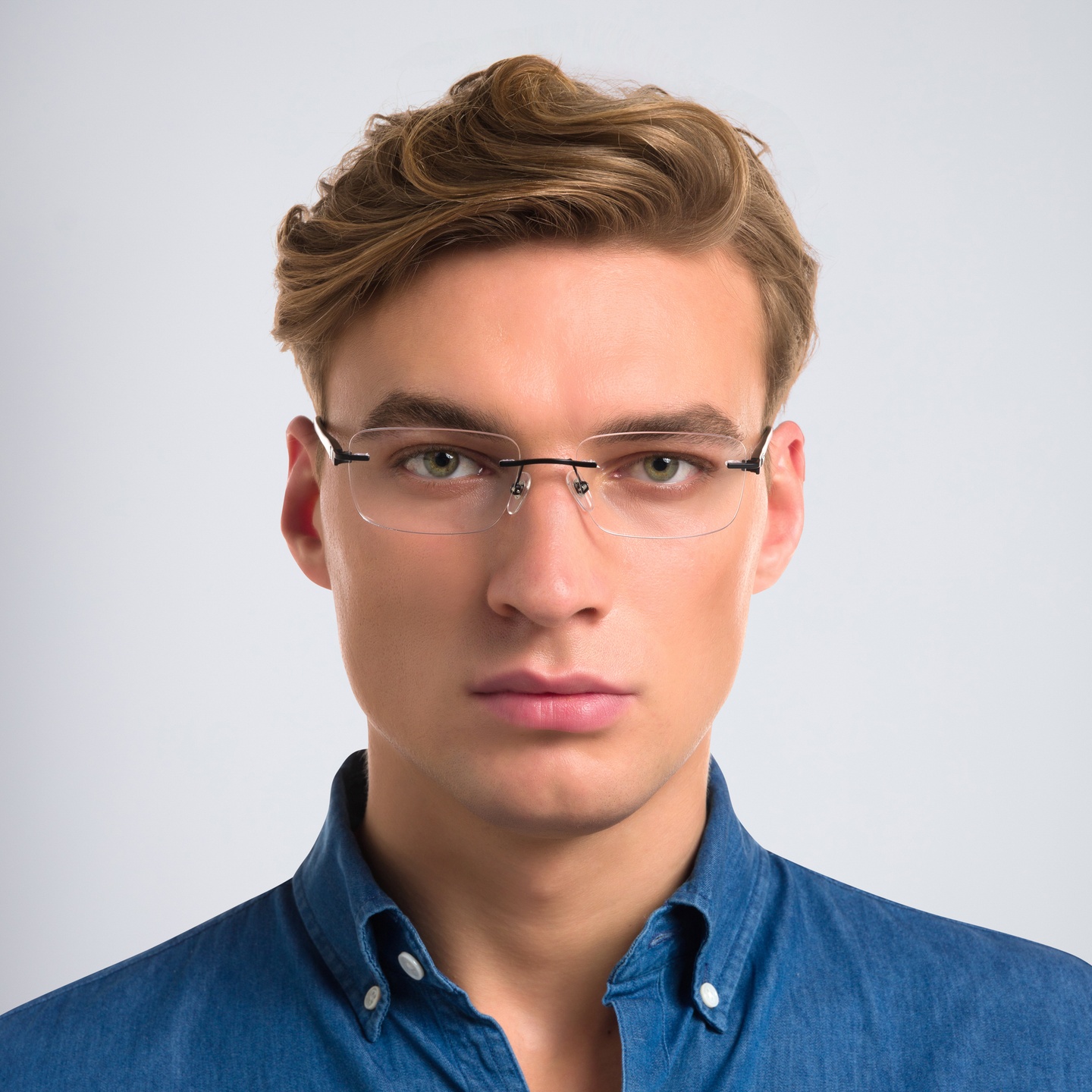 Shop EYE'M Rimless Wide Rectangle Eyeglasses in Black online.
