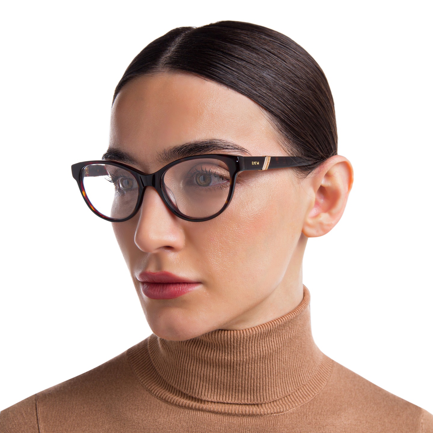 EYE'M Cat Eye Eyeglasses in Brown – Model Photo 5
