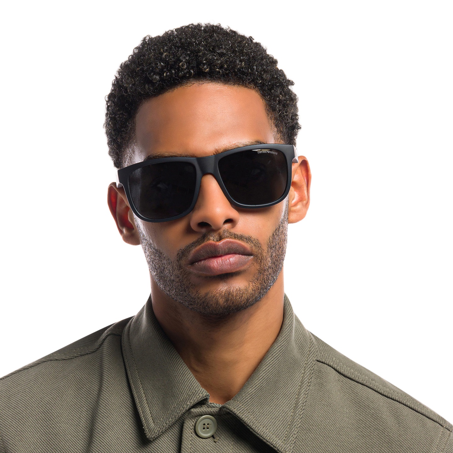 Emporio Armani Pillow Sunglasses in Matte Black – Model Photo 4