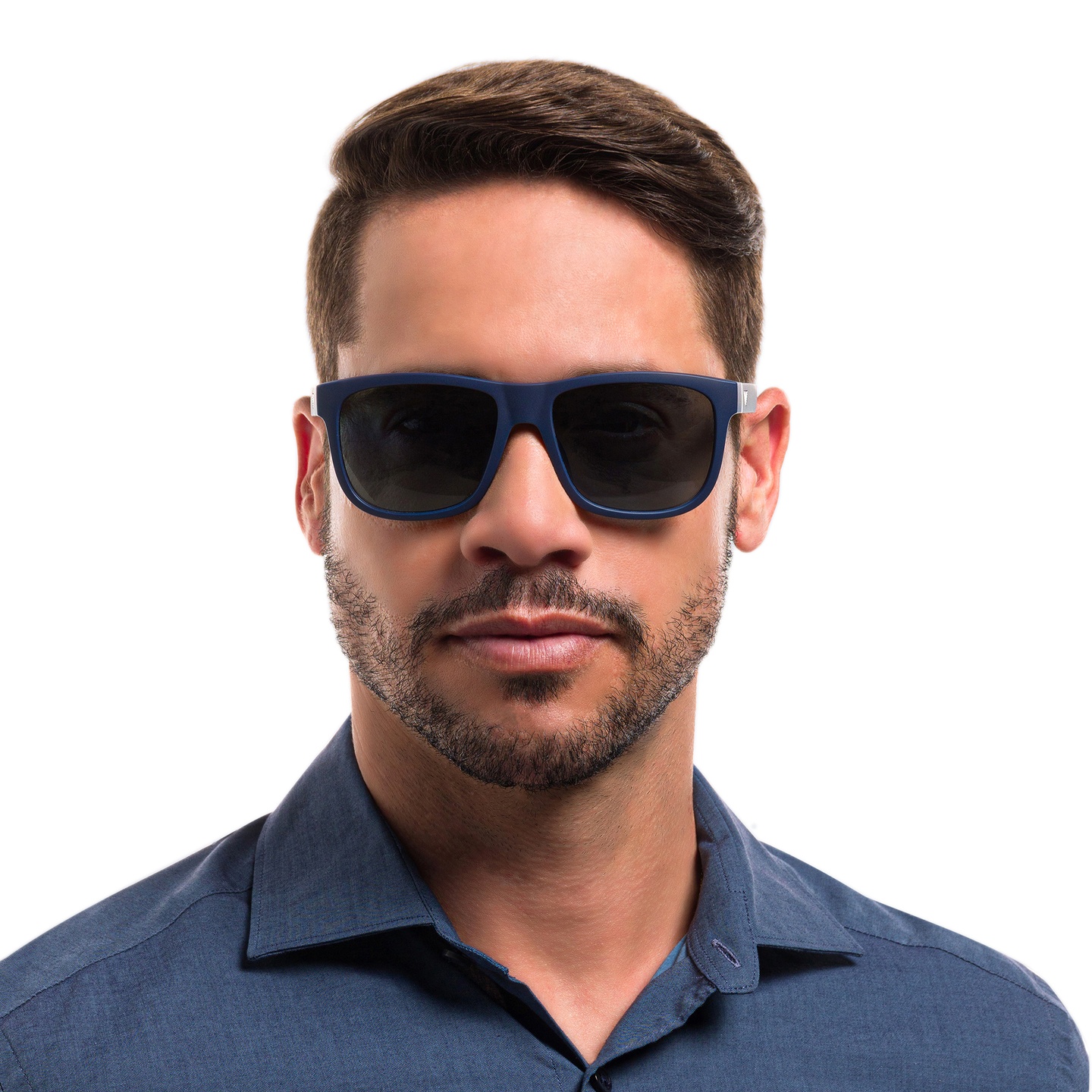 Emporio Armani Pillow Sunglasses in Matte Blue – Model Photo 5