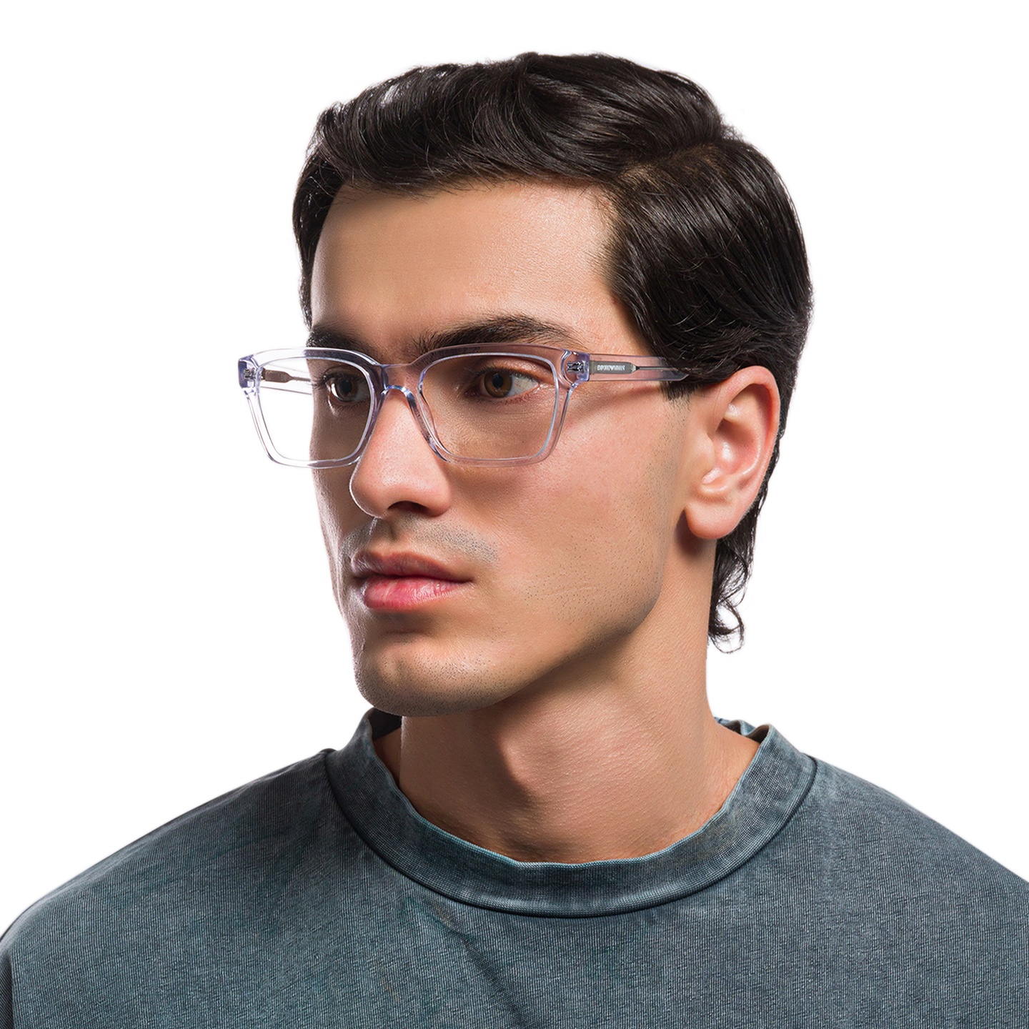 Emporio Armani Logo Print Wide Rectangle Eyeglasses in Clear – Model Photo 1