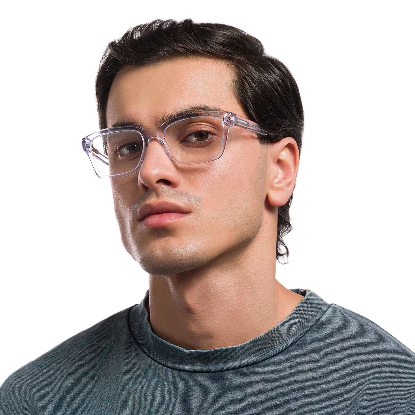 Emporio Armani Logo Print Wide Rectangle Eyeglasses in Clear – Model Photo 4