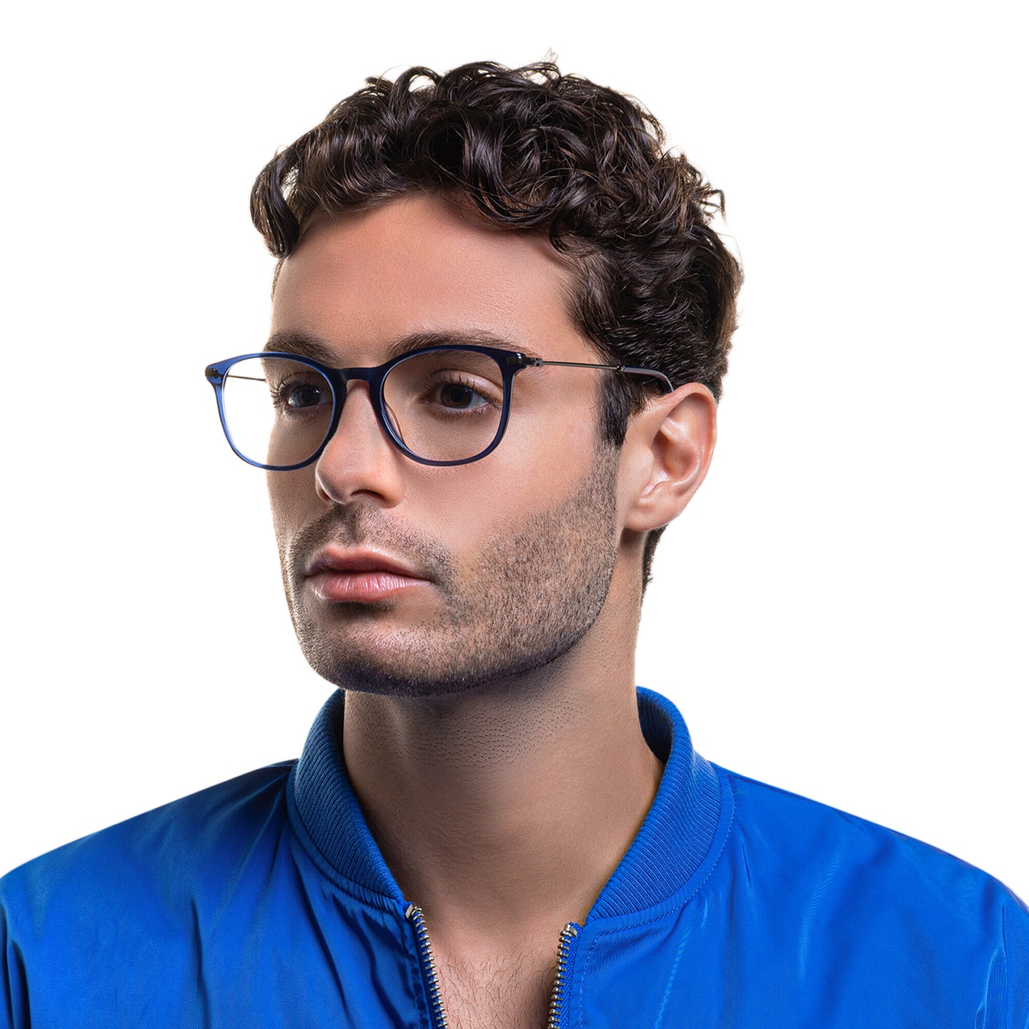 EYE'M Round Eyeglasses in Blue – Model Photo 6