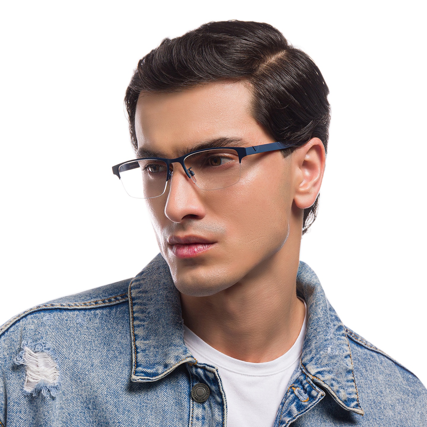 Emporio Armani Half-Rim Rectangle Eyeglasses in Matte Blue – Model Photo 4
