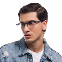Emporio Armani Half-Rim Rectangle Eyeglasses in Matte Blue – Model Photo 5