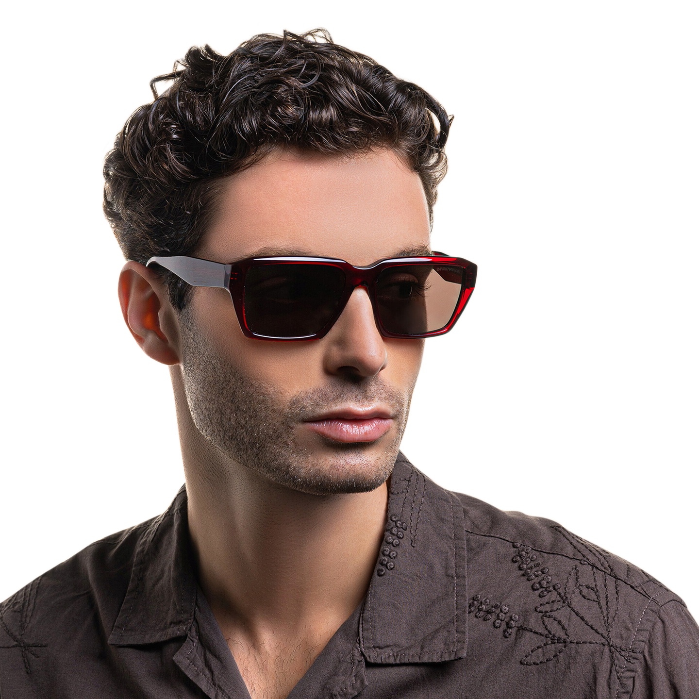 Shop Emporio Armani Rectangle Sunglasses in Shiny Transparent Red online.