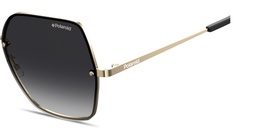 Shop Polaroid Engraved Logo Oversized Irregular Sunglasses in Gold Grey online.