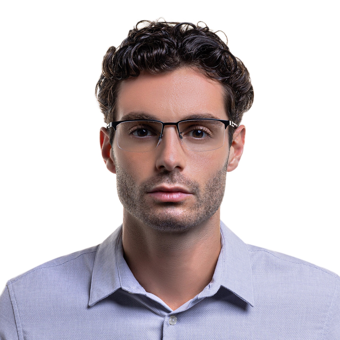 Shop Emporio Armani Wide Half-Rim Pillow Eyeglasses in Matte Black online.