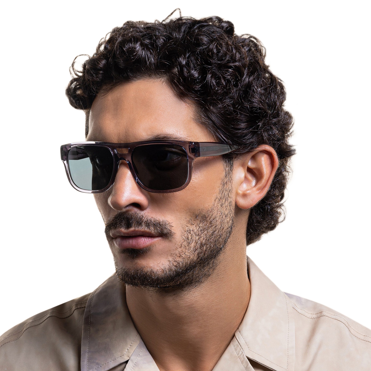 Emporio Armani Logo Pillow Sunglasses in Transparent Grey – Model Photo 1