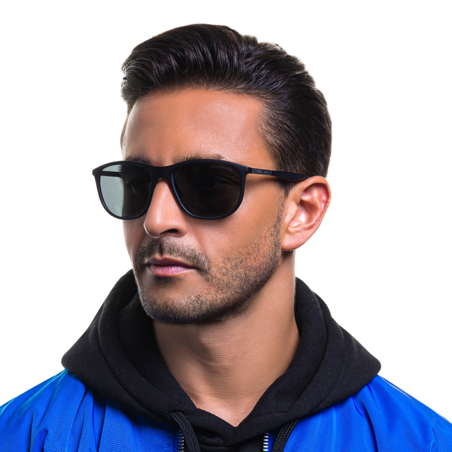 Emporio Armani Logo Pillow Sunglasses in Matte Black – Model Photo 5