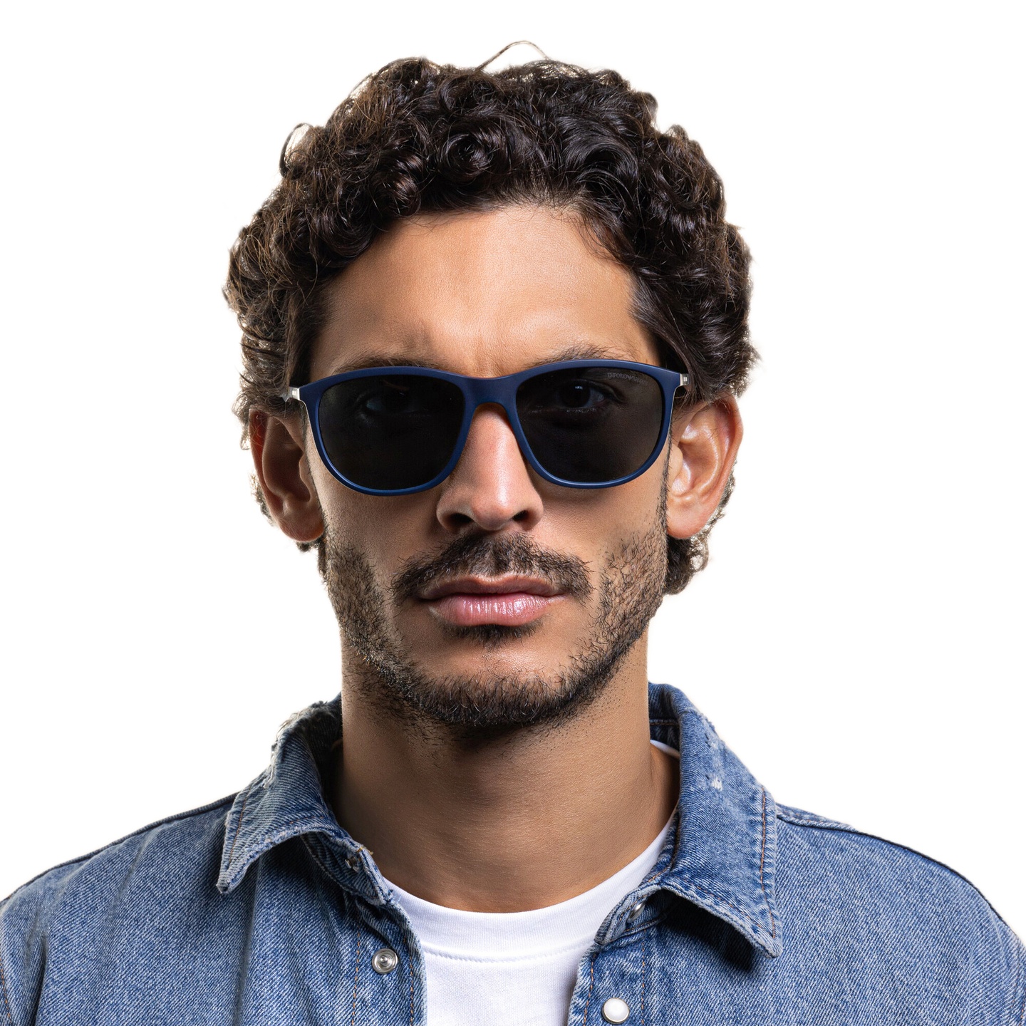 Emporio Armani Logo Pillow Sunglasses in Matte Blue – Model Photo 1