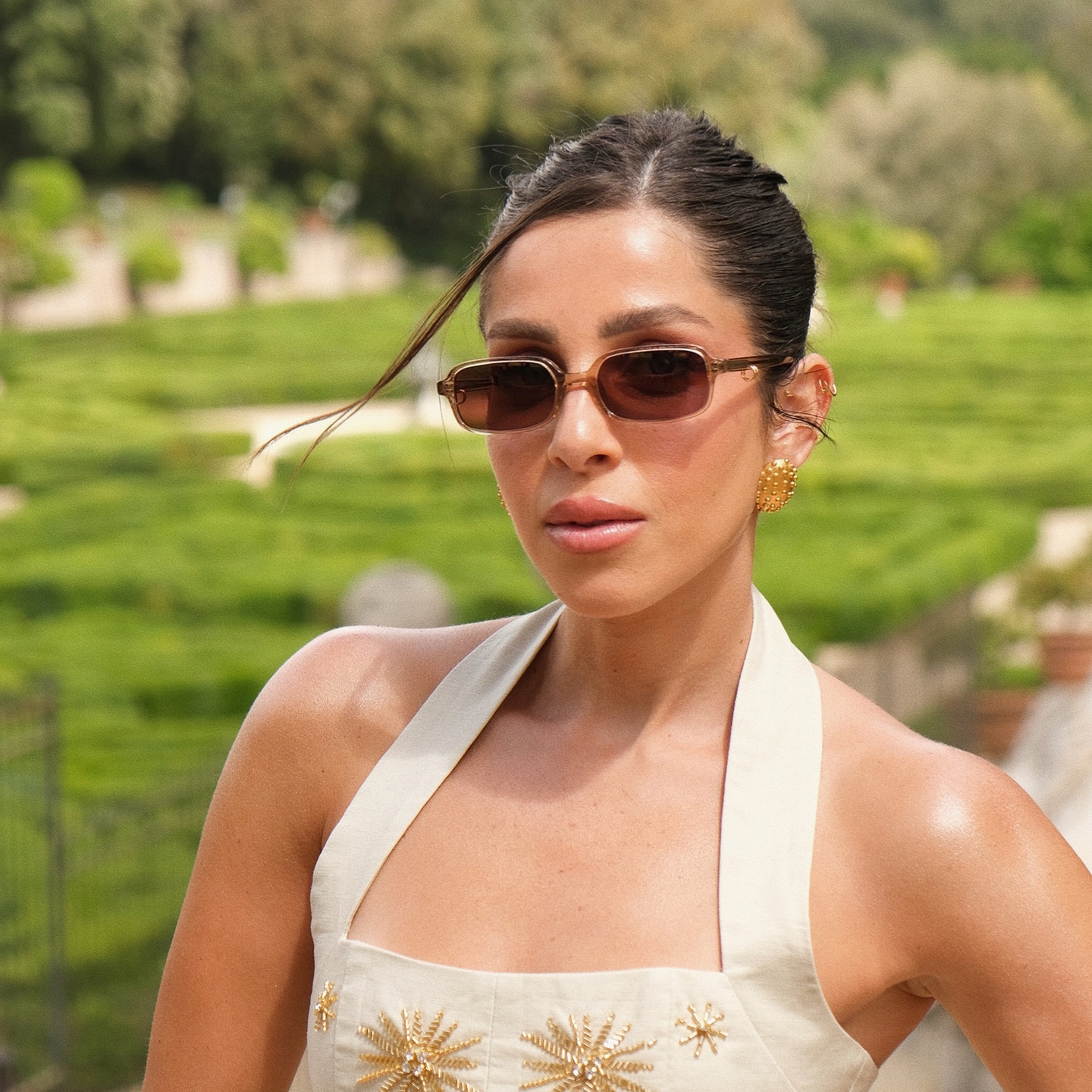 TRICE Kaia Square Sunglasses in Beige – Model Photo 5