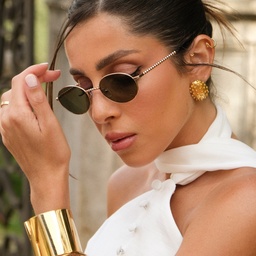 TRICE Paloma Gold Ball Oval Sunglasses in Gold – Model Photo 2