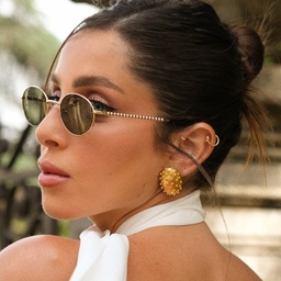 TRICE Paloma Gold Ball Oval Sunglasses in Gold – Model Photo 6